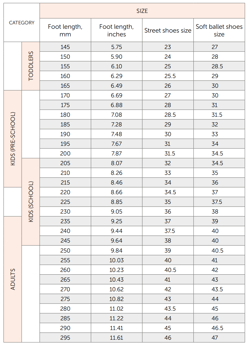 Soft ballet shoes size chart