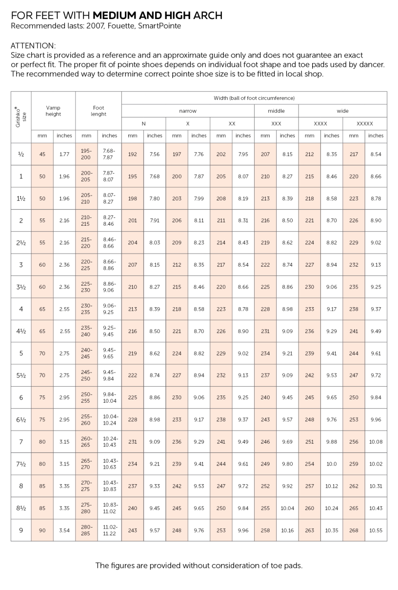 Grishko Pointe Shoes Size Chart