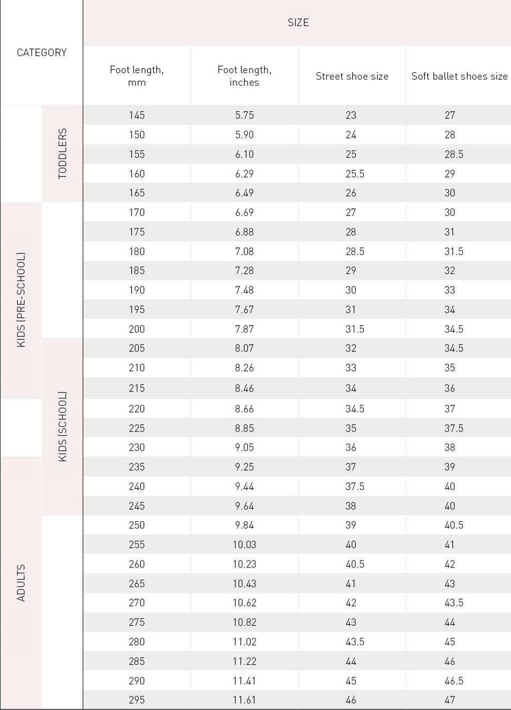 41 slipper size chart