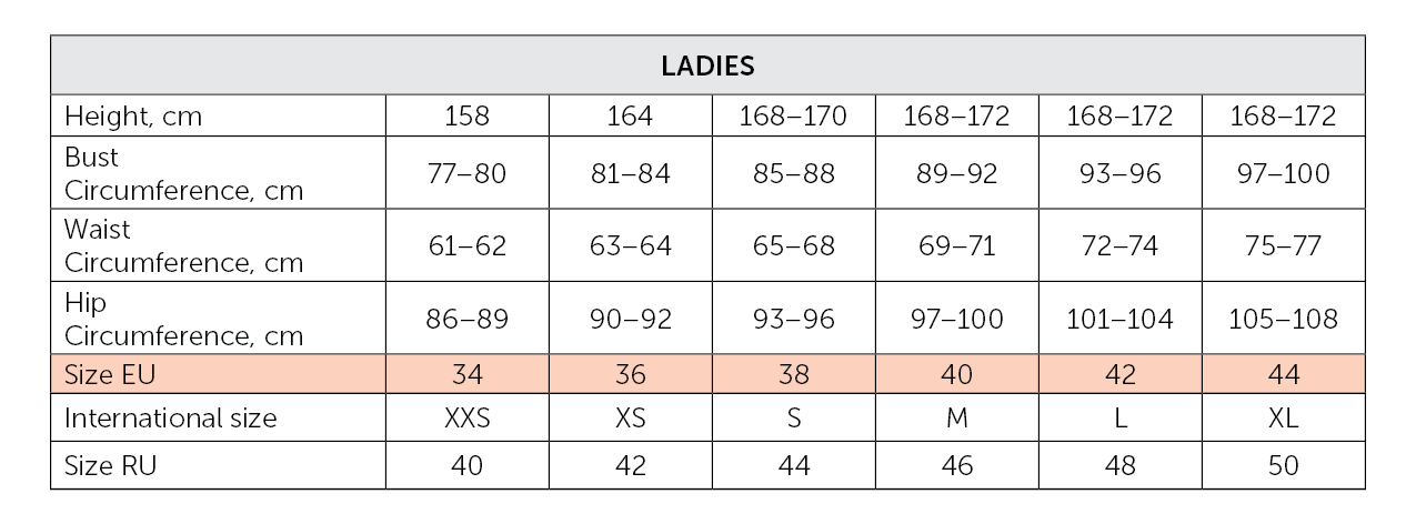 Grishko apparel size correspondance chart