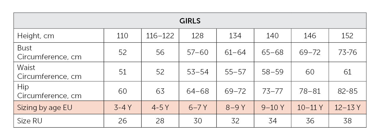 Grishko apparel size correspondance chart