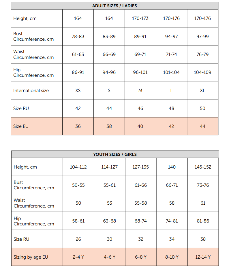 Grishko basic leotards correspondance chart