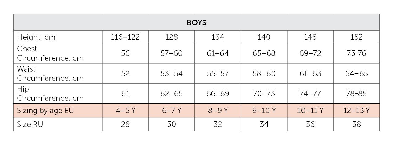 Grishko apparel size correspondance chart